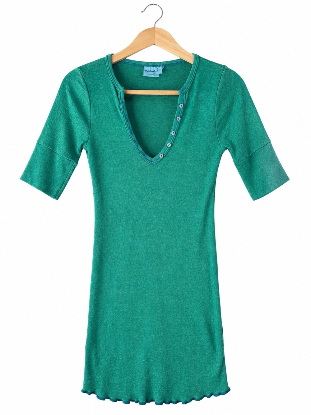 Michael Stars Teal Green V Neck Knit Tunic Top One Size Y2K Minimalist Stretch
